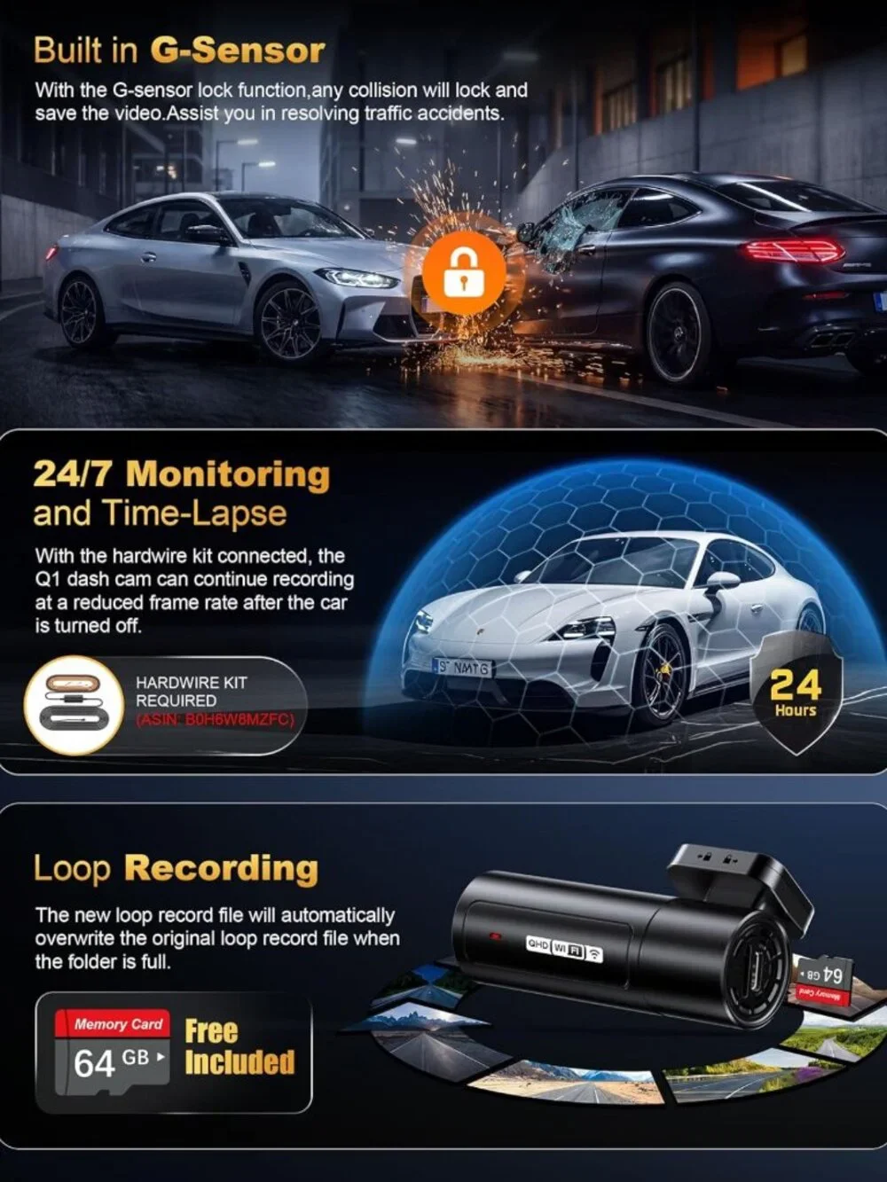 2.5K Front Dash Cam with WiFi, 64GB Card, Mini Size, Easy App Access